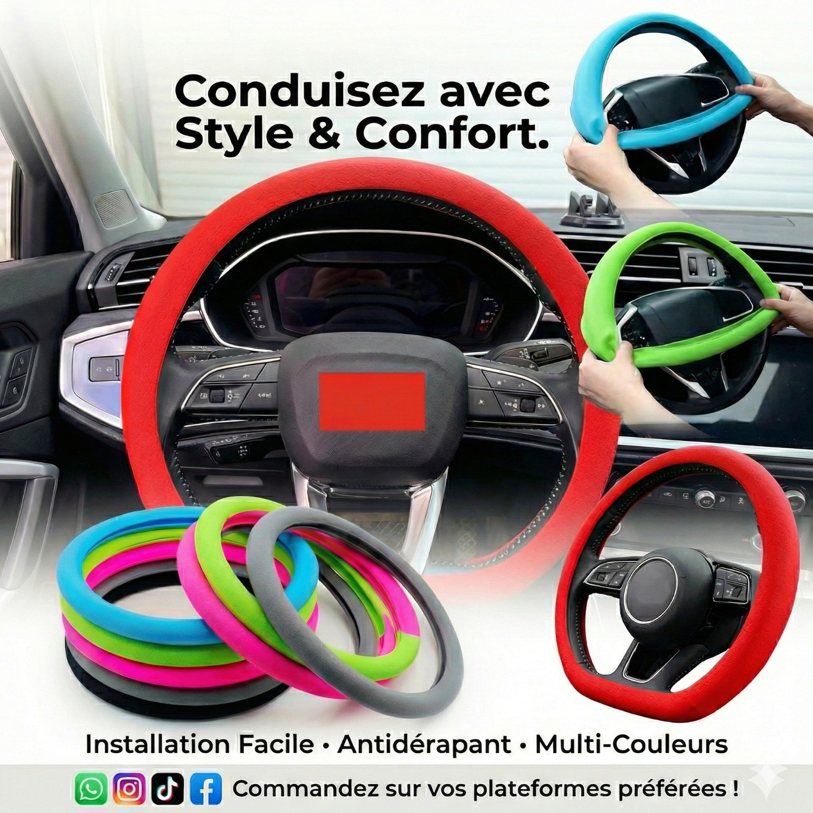 Housse de volant en silicone respirante antidérapante multicolores, accessoire de décoration de voiture souple pour SUV, universel pour tous les véhicules