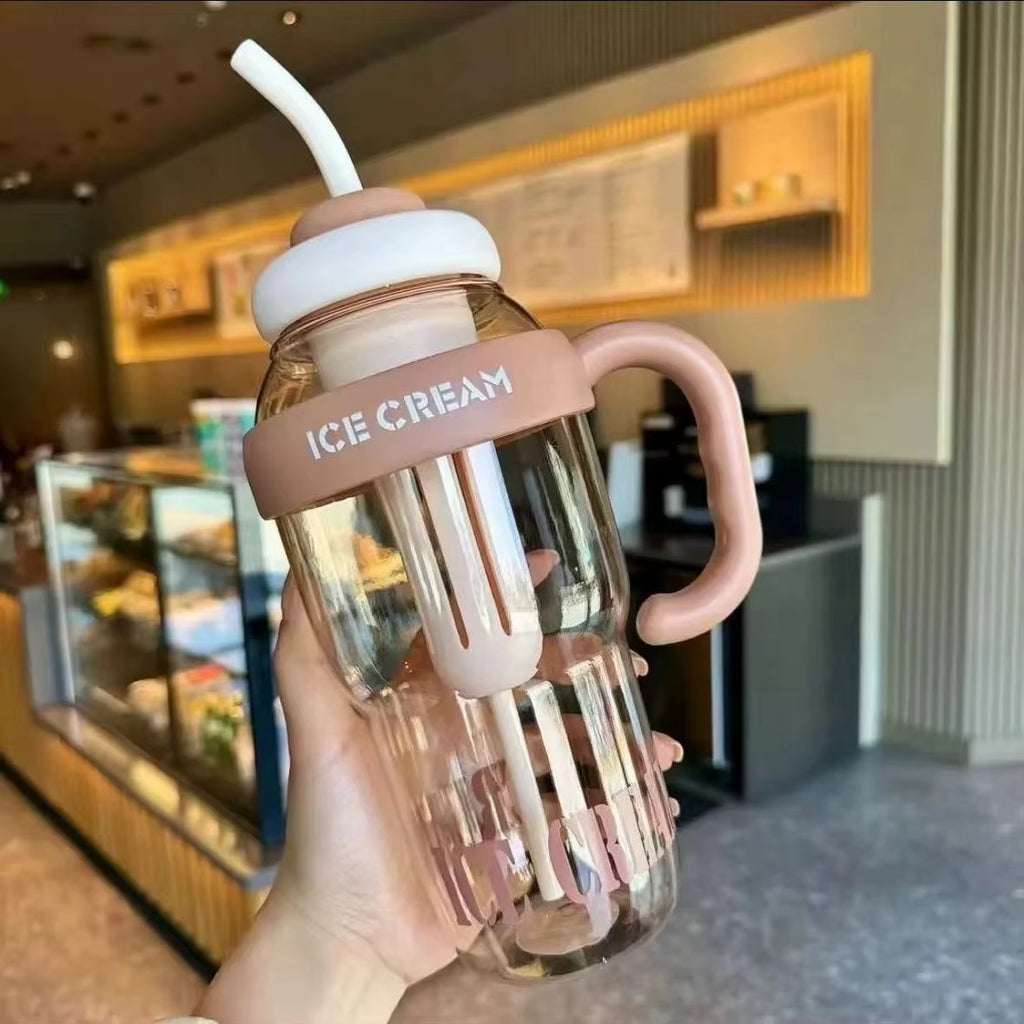 Bouteille d'eau en plastique mignonne avec paille, grande capacité 1300 ml, portable, avec sangle, bouteille de sport, gourde tendance