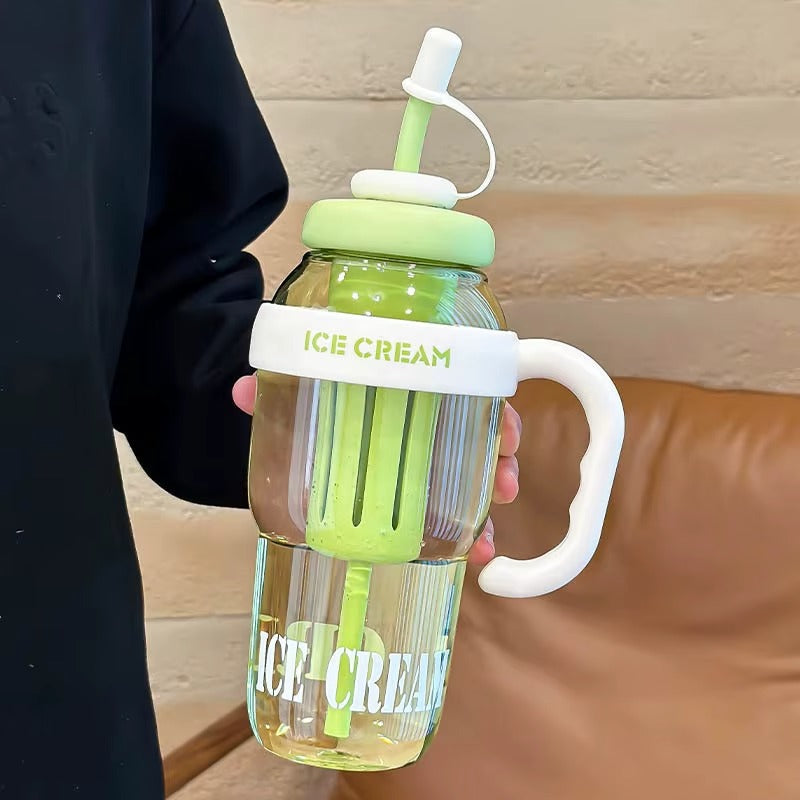 Bouteille d'eau en plastique mignonne avec paille, grande capacité 1300 ml, portable, avec sangle, bouteille de sport, gourde tendance