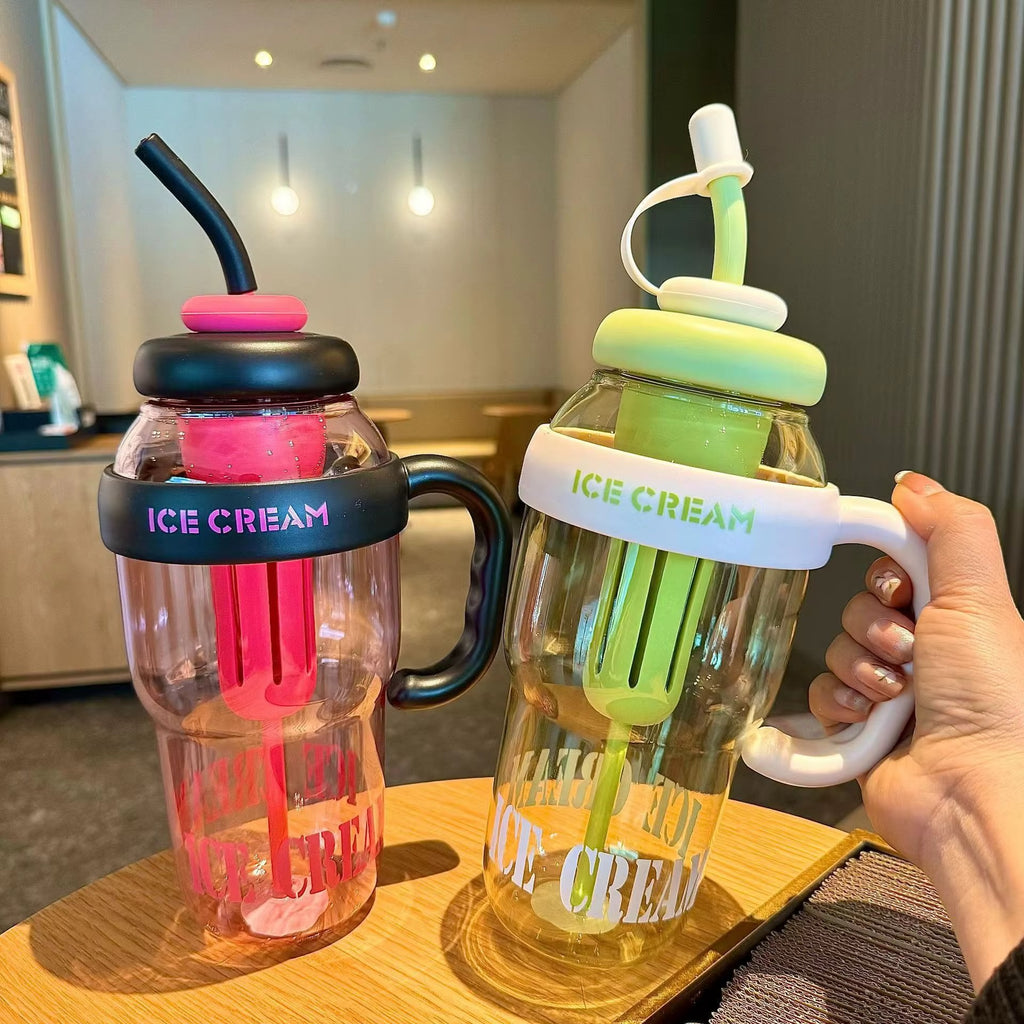 Bouteille d'eau en plastique mignonne avec paille, grande capacité 1300 ml, portable, avec sangle, bouteille de sport, gourde tendance
