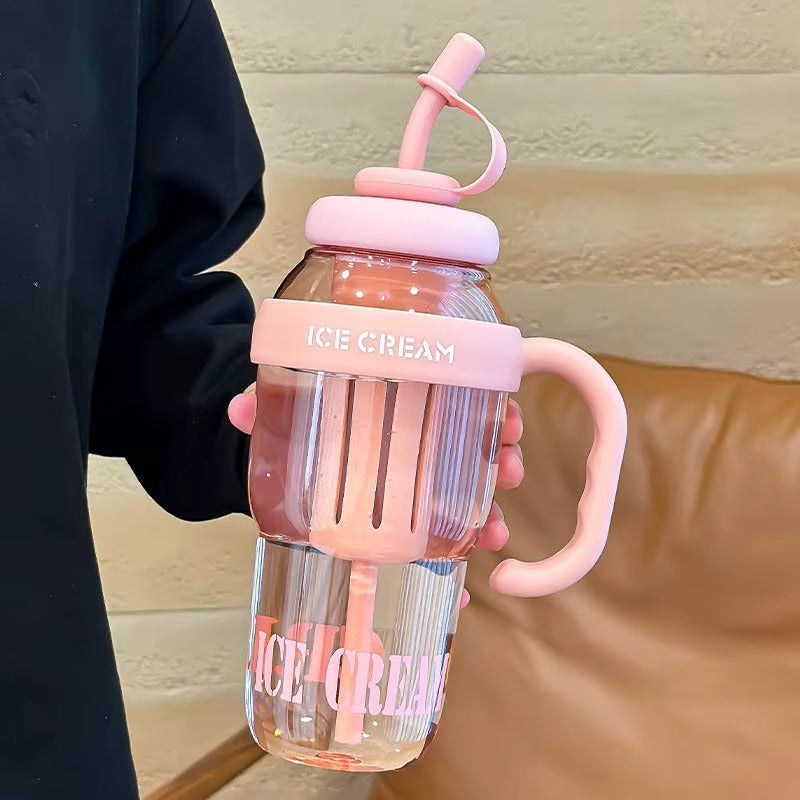 Bouteille d'eau en plastique mignonne avec paille, grande capacité 1300 ml, portable, avec sangle, bouteille de sport, gourde tendance