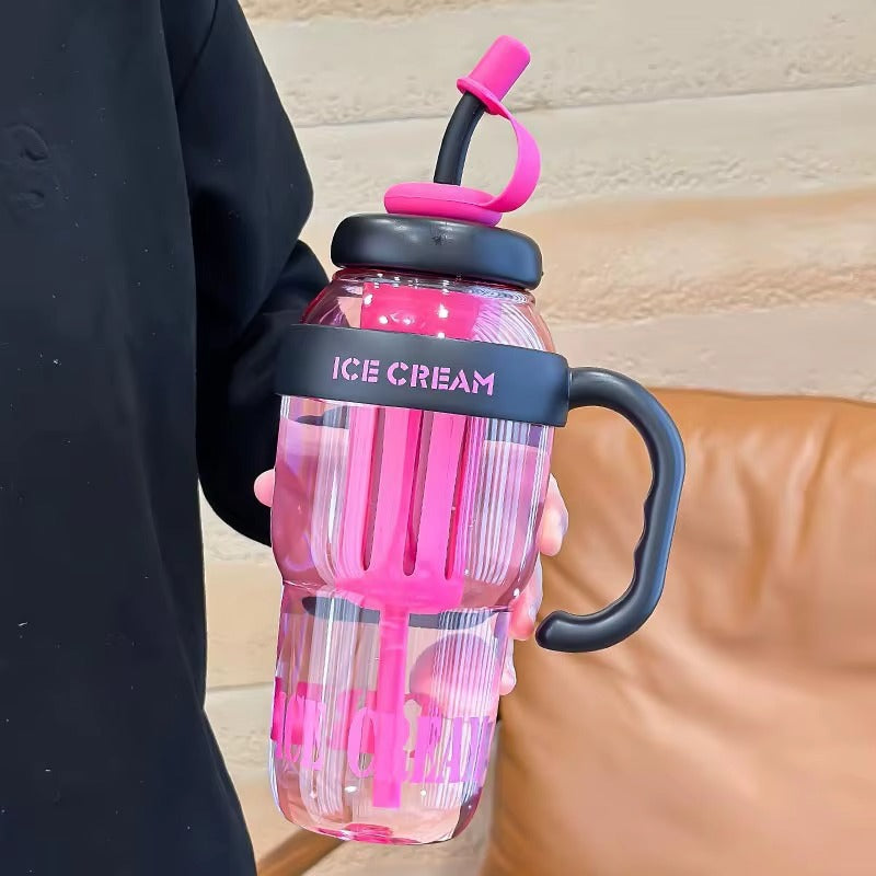 Bouteille d'eau en plastique mignonne avec paille, grande capacité 1300 ml, portable, avec sangle, bouteille de sport, gourde tendance